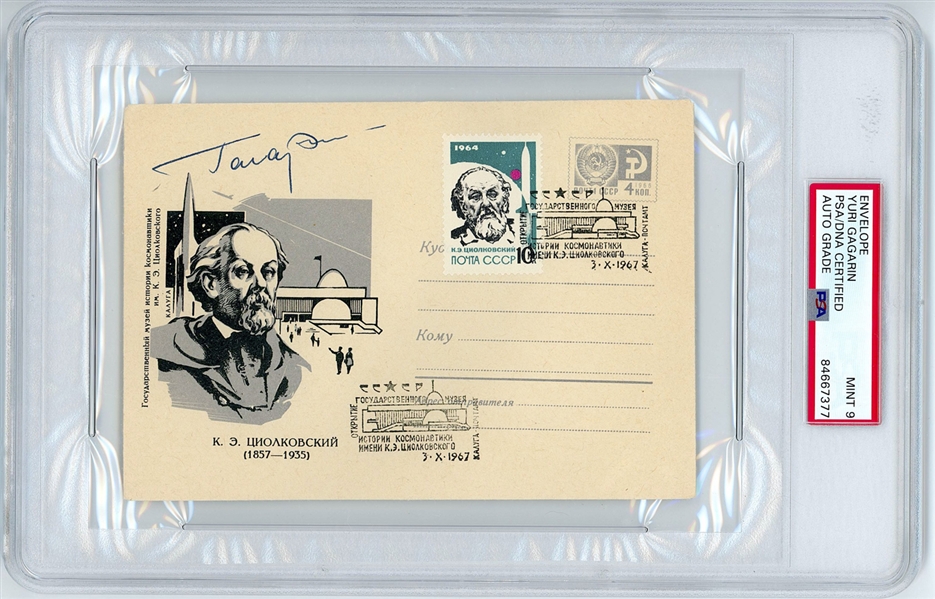 Yuri Gagarin Signed Envelope (PSA Encapsulated MINT 9 Autograph Grade) 