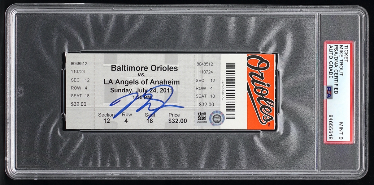 Mike Trout Signed First Career Home Run Game Ticket - July 24, 2011 Camden Yards PSA/DNA MINT 9 (MLB VS893660)