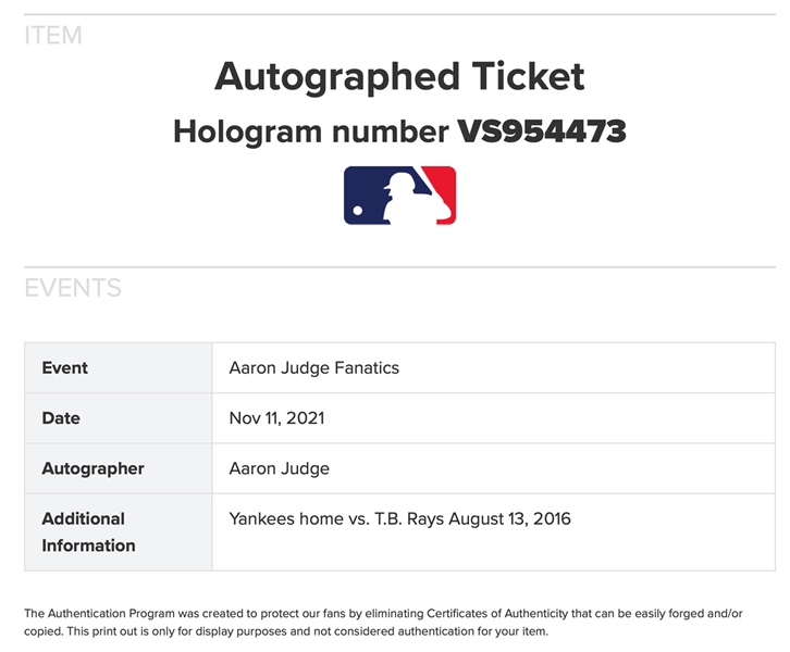Aaron Judge Signed MLB Debut Game Full Ticket - August 13, 2016 Yankee Stadium PSA/DNA NM - MT 8 Auto 9 (MLB VS954473)