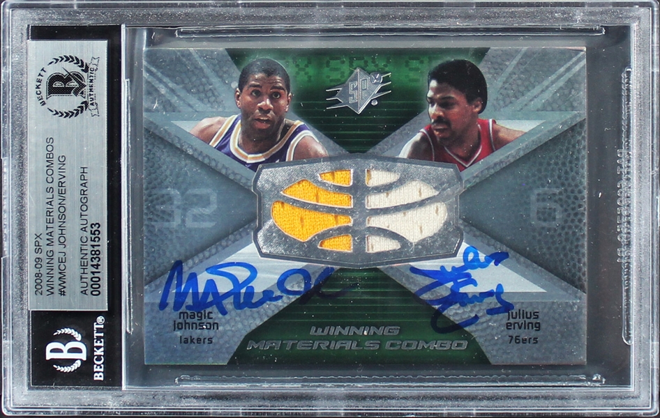 Magic Johnson & Julius Erving Dual Signed 2008-09 SPX Game Used Relic Card with GEM MINT 10 Autos (Beckett/BAS)