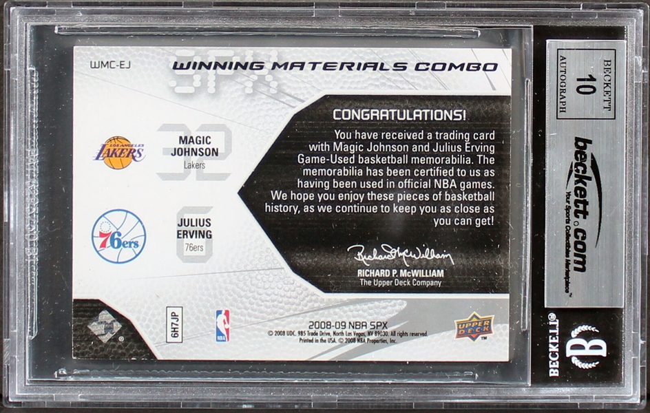 Magic Johnson & Julius Erving Dual Signed 2008-09 SPX Game Used Relic Card with GEM MINT 10 Autos (Beckett/BAS)