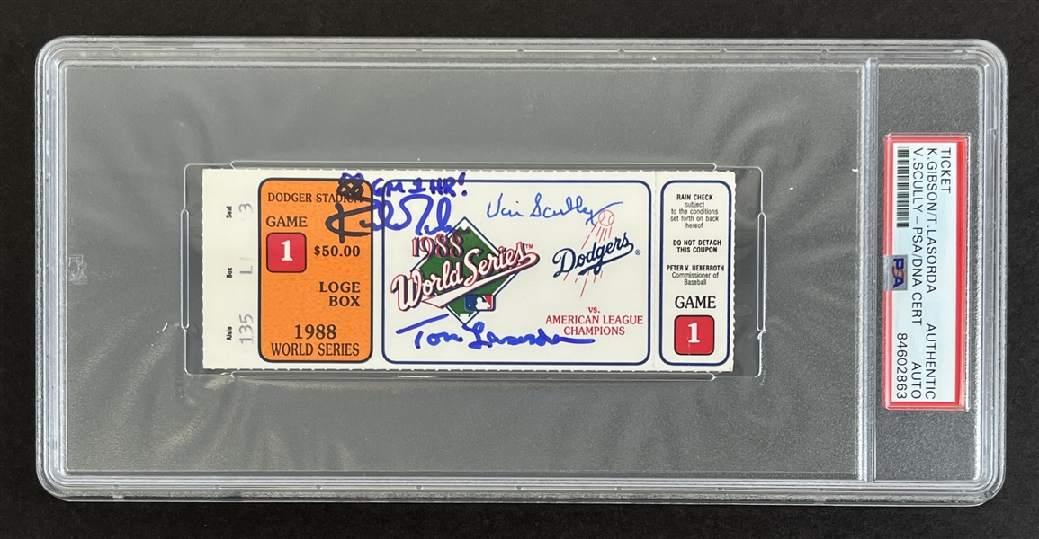Kirk Gibson, Tom Lasorda, & Vin Scully Signed Dodgers World Series Ticket (PSA/DNA Encapsulated)