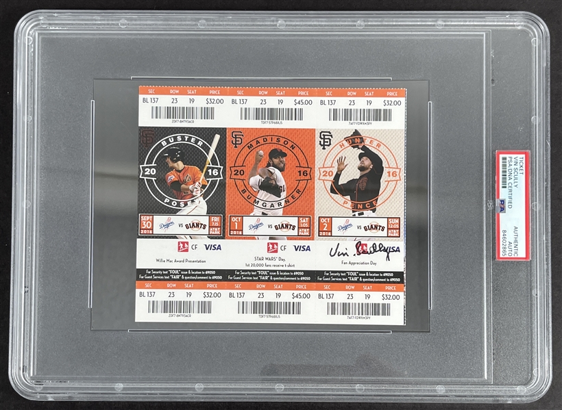 Vin Scullys Final Series: RARE Signed 2016 San Francisco Giants Ticket Strip for Scullys Final Series - Incl. Last Called Game! (PSA/DNA Encapsulated)