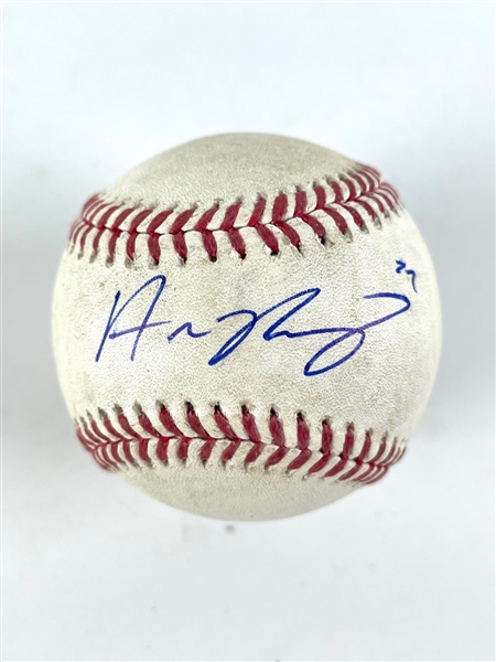 Austin Riley Game Used & Signed OML Baseball :: Used 4-19-2022 ATL vs. LAD :: Riley at Bat (PSA/DNA & MLB Hologram)