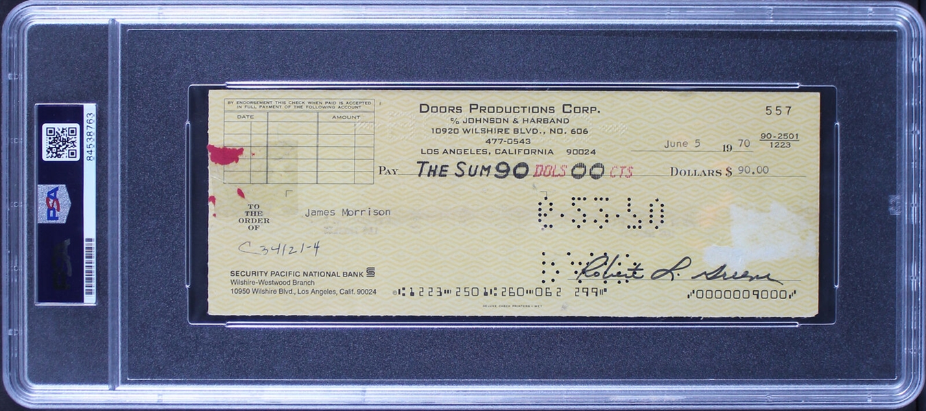 The Doors: Jim Morrison RARE Endorsed Signed Check from Doors Account! (PSA/DNA Encapsulated)