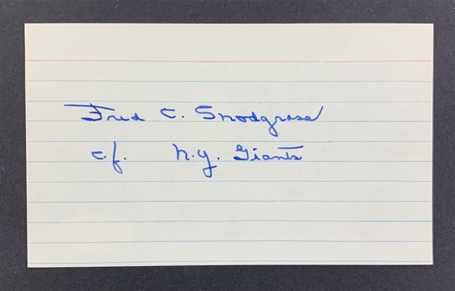 “$30,000 Muff” Fred Snodgrass Signed & Inscribed 3" x 5" Index Card (JSA COA)