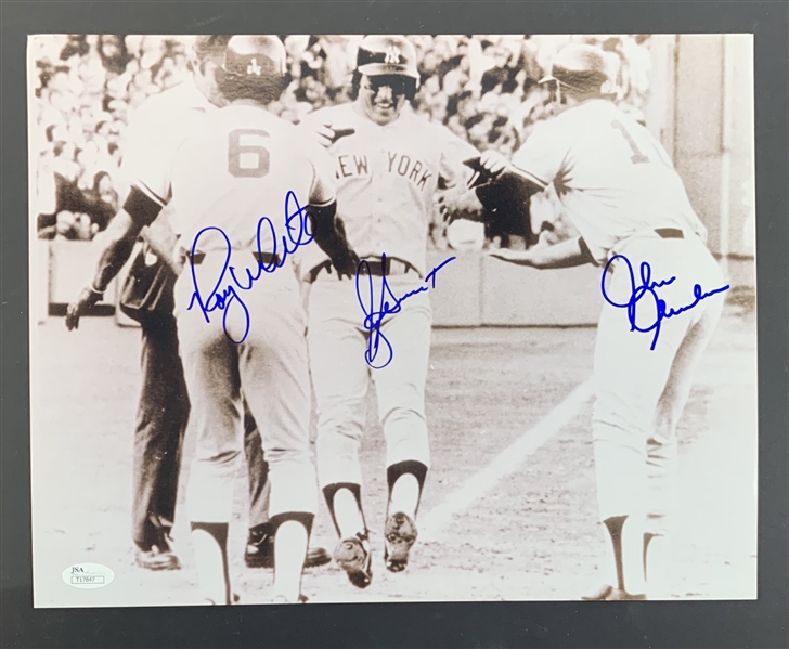Roy White, Bucky Dent, & Chris Chambliss Signed 11" x 17" NY Yankees Photo (JSA COA)