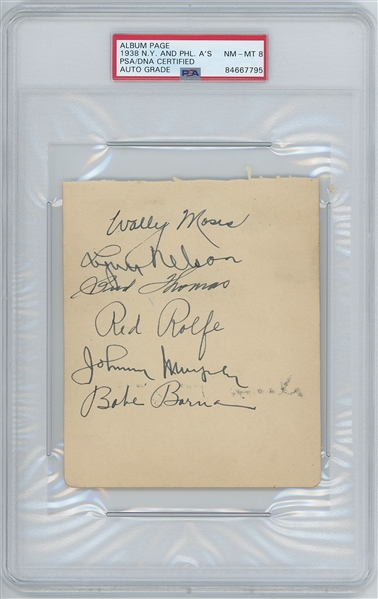 Philadelphia A’s 1938 Team Signed Album Page (10 Sigs) (PSA Encapsulated NM-MT 8 Autograph Grade) 