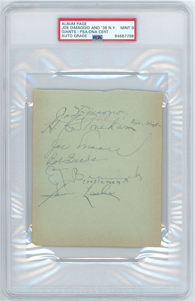 Joe DiMaggio and 1938 NY Yankees & Giants Team Signed Album Page (8 Sigs) (PSA Encapsulated MINT 9 Autograph Grade) 