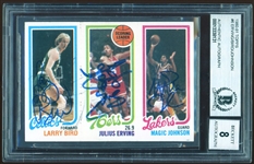 Bird, Erving, and Johnson Signed 1980 Tops #6 Auto Graded NM-MT 8! (BAS Encapsulated)