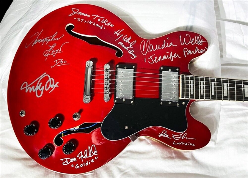 BACK TO THE FUTURE Cast Signed Guitar, signatures including Michael J Fox - Lloyd - Tolkan + 4 MORE! (Celebrity Authentics)