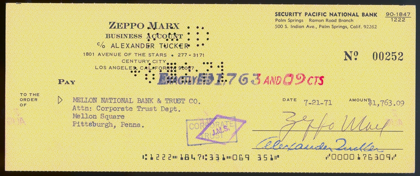 Zeppo Marx Signed 3.5" x 8.5" Bank Check (Beckett/BAS)