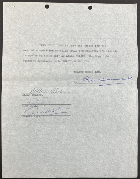 The Hollies: Graham Nash, Tony Hicks, & Allan Clarke Signed Musical Composition Contract (Epperson/REAL LOA)
