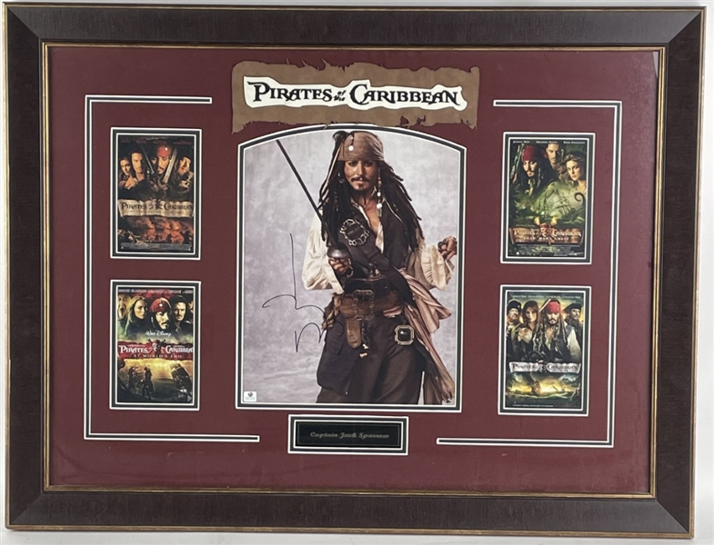 "Pirates of the Caribbean" Custom Display: Johnny Depp Signed Photo & Mini Movie Posters  (Third Party Guarantee)
