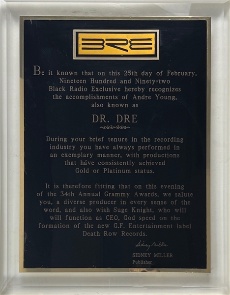 Dr. Dre 11" x 14" 1992 Award Recognizing the Formation of Death Row Records 