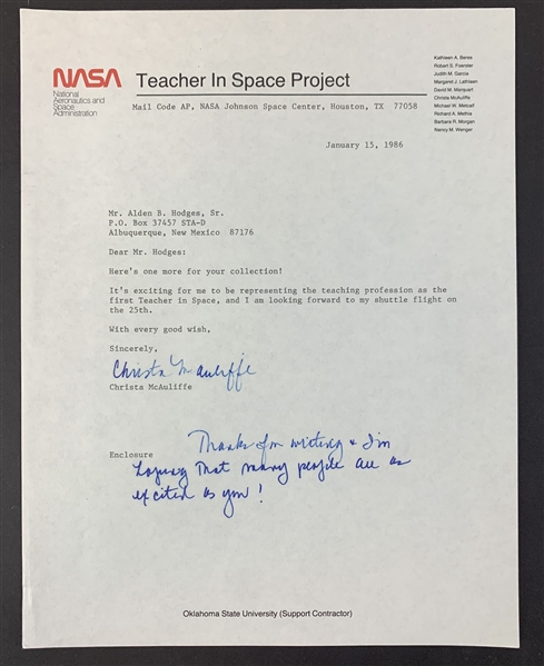 Challenger Disaster: Christa McAuliffe Rare Signed Type Letter on NASA Letterhead - Dated Two Weeks Before Launch! (Third Party Guaranteed)