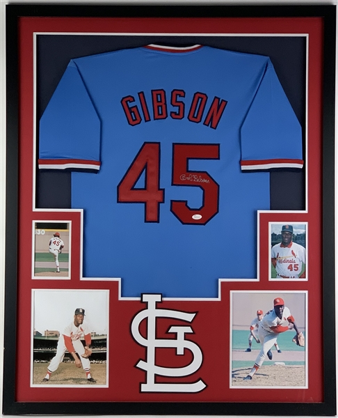 Bob Gibson Signed Cardinals Jersey in Framed Display (JSA Sticker Only)