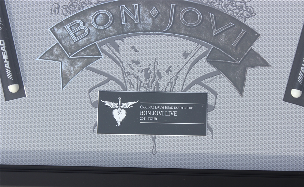 Bon Jovi 2001 Tour-Used & Group Signed Drum Head and Sticks Display (ACOA Authentication)