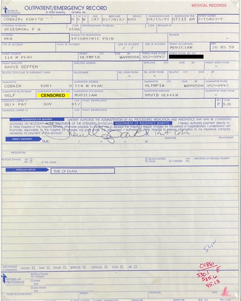 Nirvana: Kurt Cobain Signed Medical Record from Trip to ER for Recurrent Stomach Issues (JSA)