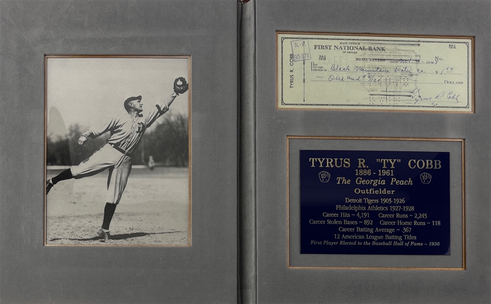 Ty Cobb Signed Bank Check in Leather Book Display (Beckett/BAS)