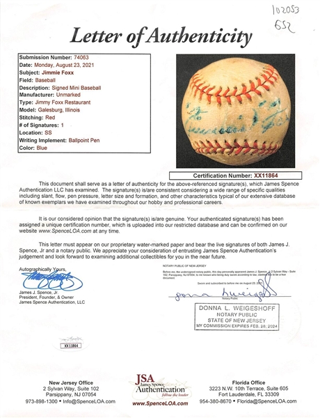Jimmie Foxx Single Signed Jimmy Foxx Restaurant Mini Baseball (JSA LOA)