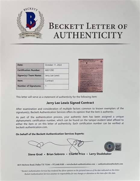 Jerry Lee Lewis Signed Performance Contract (Beckett/BAS & JSA)