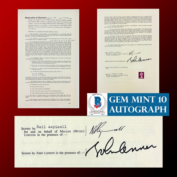 Beatles: John Lennon & Neil Aspinall GEM MINT 10 Dual-Signed Publishing Document For “Why Don’t We Do It in the Road” From the White Album