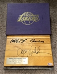 Jack Nicholson & Magic Johnson DUAL SIGNED L.A. Lakers Floorboard From The Great Western Forum! (Beckett/BAS)