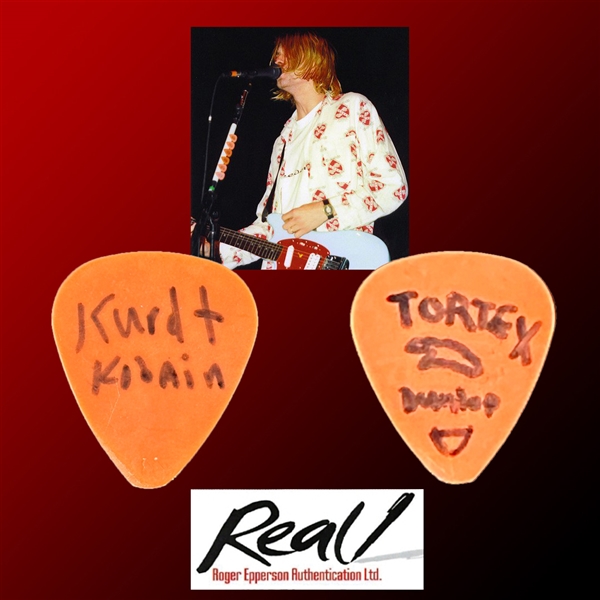 Nirvana: Kurt Cobain Personally Owned, Used, Signed & Sketched Orange Dunlop Guitar Pick with Letter of Provenance (Epperson/REAL LOA)