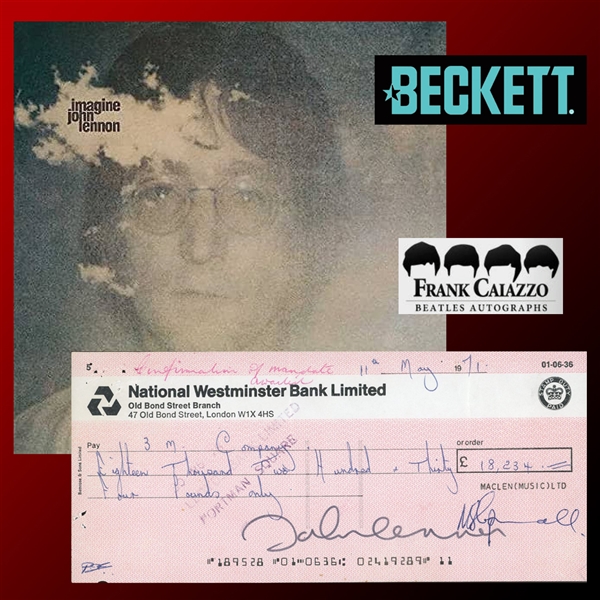 John Lennon Significant Signed 1971 Bank Check To Purchase Recording Equipment for "Imagine"! (Caiazzo LOA, Perry Cox LOA &Beckett/BAS LOA)