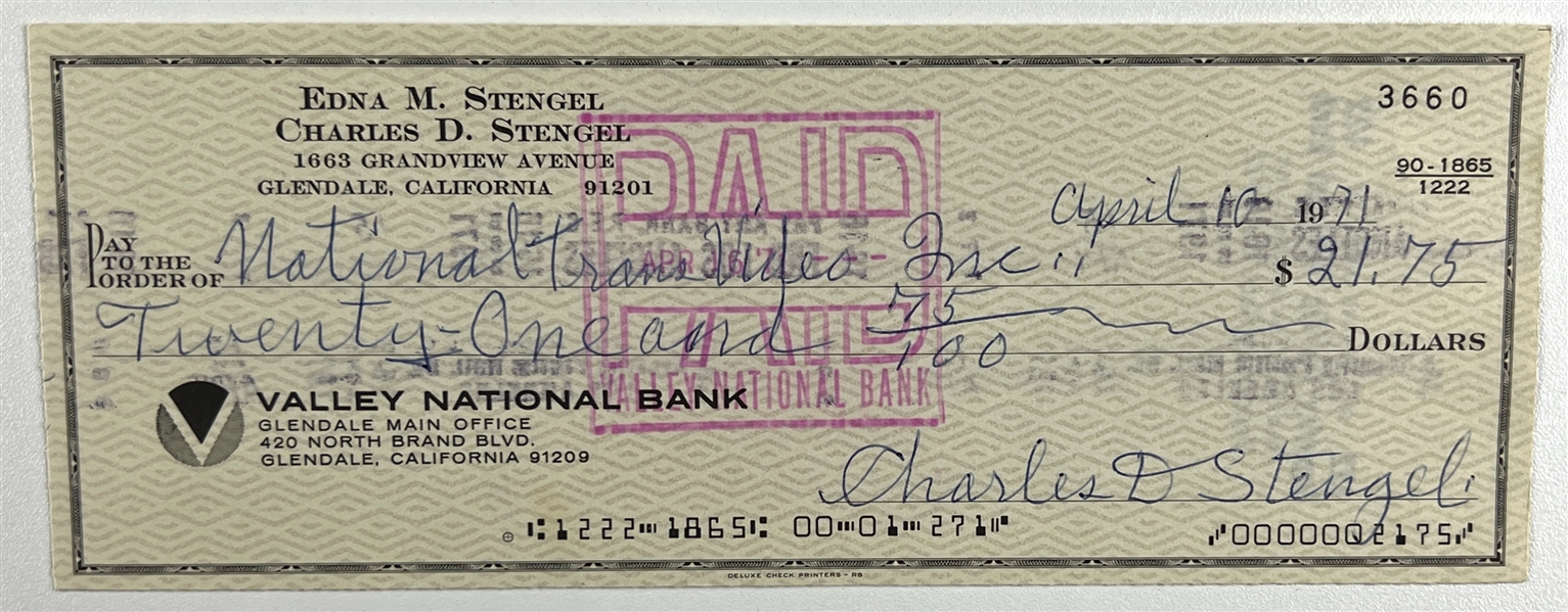 Casey Stengel Signed Check (Third Party Guaranteed)