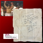 Muhammad Ali Signed & Extensively Inscribed Cloth Napkin with Boxing Glove Sketch Gifted to New Orleans Restaurant The Day After Ali-Spinks II In 1978 (Alis Third Championship Reign)(JSA LOA)