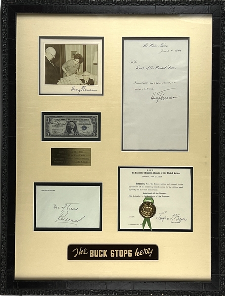 Harry S. Truman “The Buck Stops Here!” Framed Display w/ Signed $1 Bill Presented to John W. Snyder (Total 3 Items Signed by Truman) (Third Party Guaranteed)