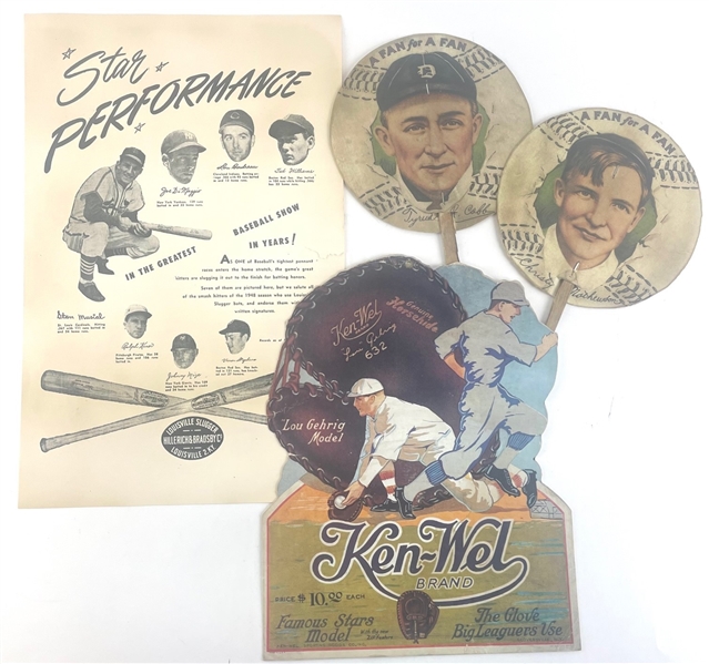 Vintage Baseball Memorabilia including Cobb & Mathewson "Fan for a Fan", Kenwell Glove Poster and Louisville Slugger Poster!