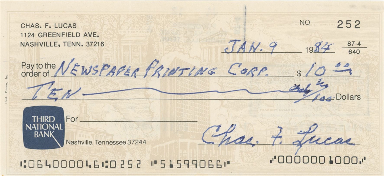 Charles Lucas Signed Check (Third Party Guaranteed)