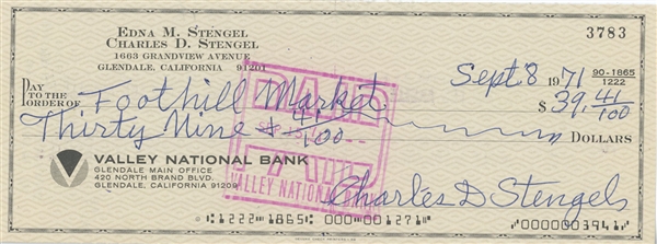 Casey Stengel Signed Check (Third Party Guaranteed)