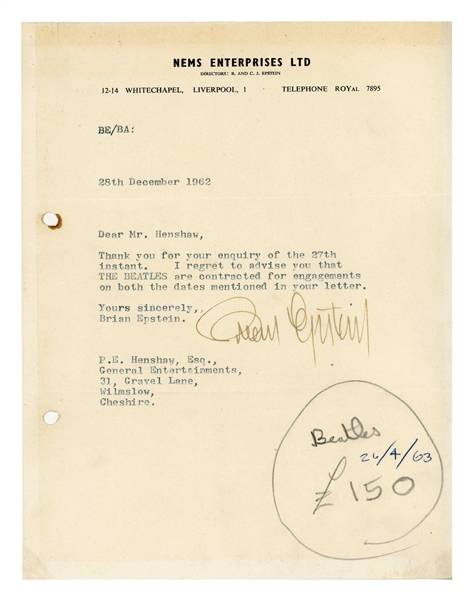 Beatles: Brian Epstein 1962 Booking Rejection Letter Liverpool (UK) (Tracks COA) 