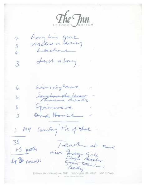 Crosby & Nash 1993 Washington DC Graham Nash Handwritten Preliminary Set List (USA) (Tracks COA) 