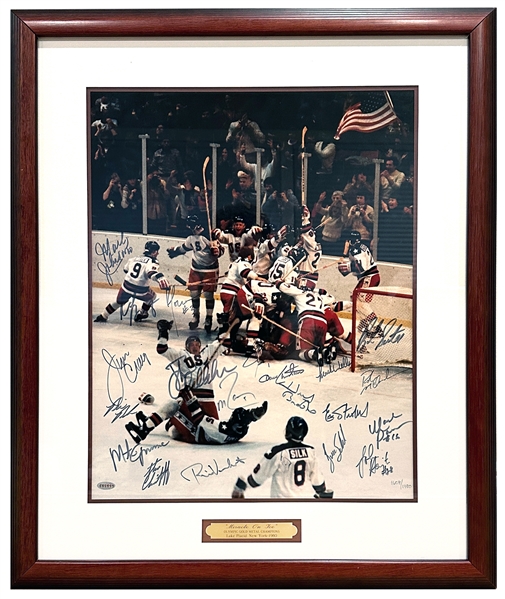 1980 USA Olympic Hockey Team Signed & Framed 16” x 20” Photo with a Rare Herb Brooks # 1608 of 1980 (JSA & Steiner Authentication)