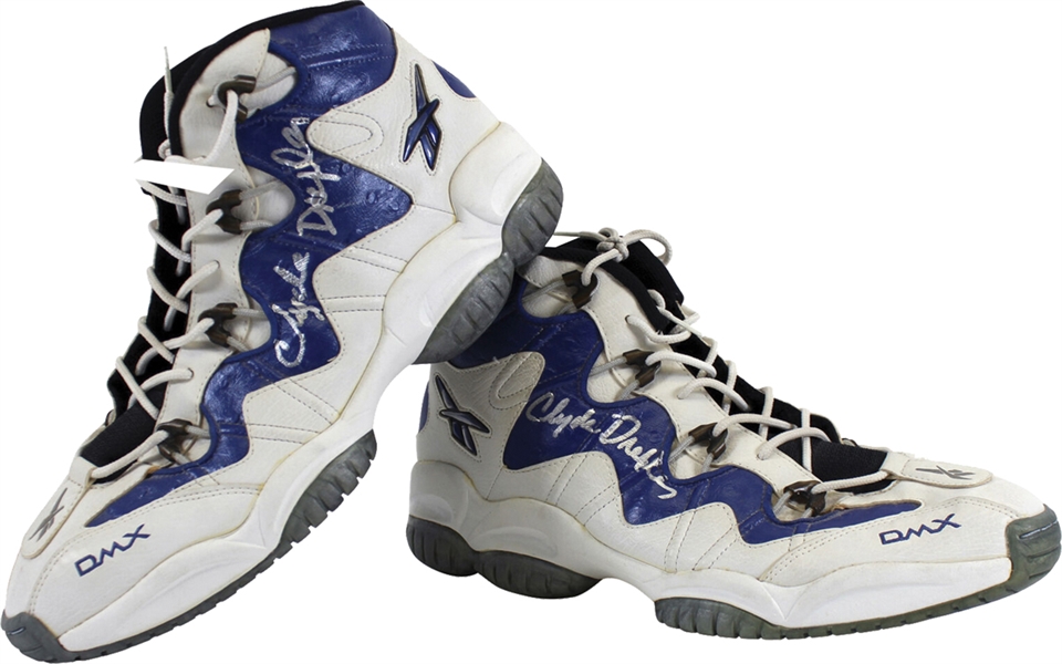 1997-98 Clyde Drexler Game Worn & Signed Reebok DMX Basketball Shoes from Final Season (JSA)