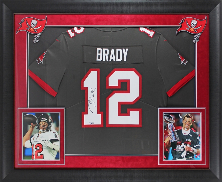 Tom Brady Signed Buccaneers Jersey in Custom Framed Display (Fanatics COA)