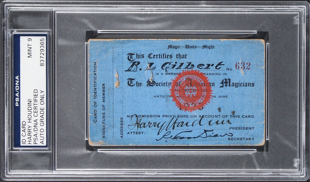 Harry Houdini Superb Signed Society of American Magicians Membership Card with MINT 9 Autograph! (PSA/DNA Encapsulated)
