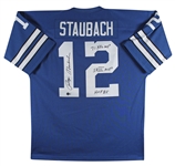 Roger Staubach Signed 1971 Mitchell & Ness Cowboys Throwback Jersey with 3 Inscriptions (Beckett/BAS Witnessed)