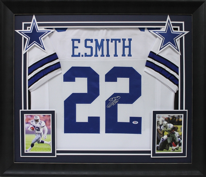 Emmitt Smith Signed Cowboys Jersey in Custom Framed Display (Beckett/BAS Witnessed)