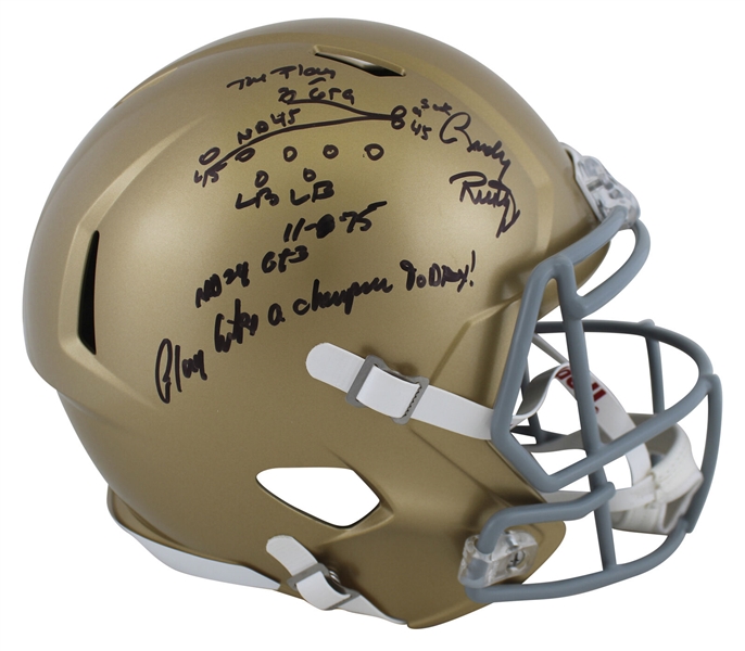 Rudy Ruettiger Signed Notre Dame Full Size Speed Replica Helmet with Handwritten Play (Beckett/BAS Witnessed)