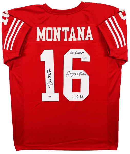 Joe Montana & Dwight Clark Dual Signed "The Catch" Red 49ers Style Jersey (Beckett/BAS)