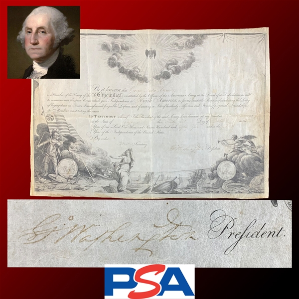 President George Washingtion RARE Signed 1785 Society of Cincinnati Membership Induction Certificate - Americas First Exclusive Military Order! (PSA/DNA LOA)