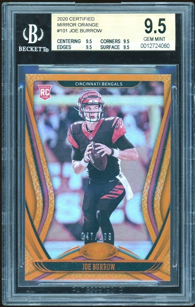 Joe Burrow Ltd. Ed. 2020 Certified #101 Mirror Orange Rookie Card w/ BGS GEM MT 9.5! (Beckett/BAS Encapsulated)