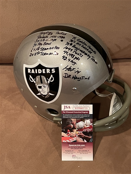 Ray Guy Signed & Rare "Dr. Hangtime" Inscribed FS TK Suspension Stat Helmet (JSA Witnessed)