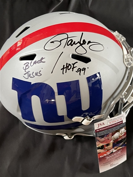 Lawrence Taylor Signed & "HOF, Black Jesus" Inscribed FS Giants Amp Stat Helmet (JSA Witnessed)